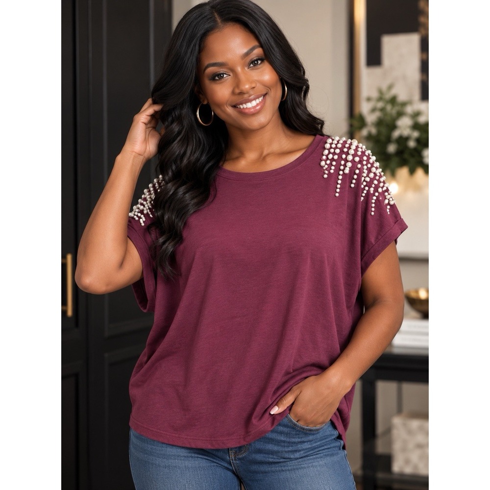 Calligraphie Women's Large Burgundy Pearl Embellished Shoulder Short Sleeve Top